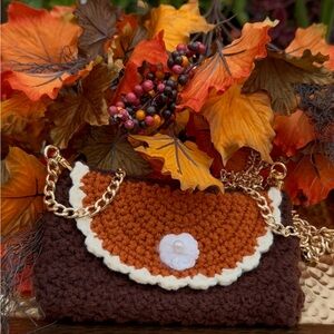 Elegant Brown and Cream Crochet Clutch with Gold Chain